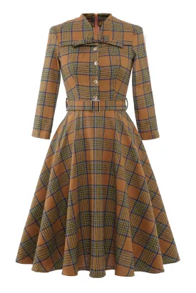 French Style 3/4 Sleeve Autumn Winter Plaid Tie England Style Tie Bow Big Flare Midi Dress