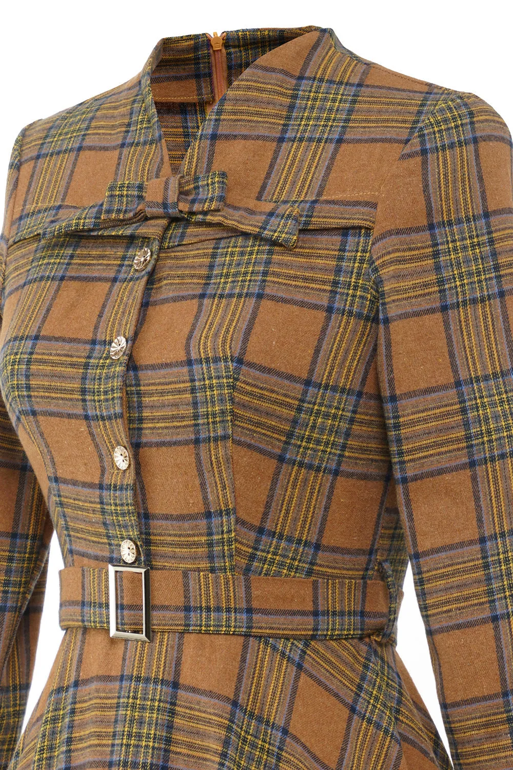 French Style 3/4 Sleeve Autumn Winter Plaid Tie England Style Tie Bow Big Flare Midi Dress