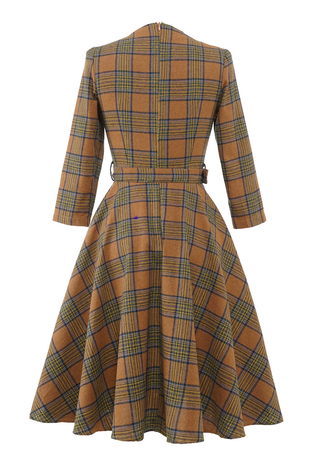 French Style 3/4 Sleeve Autumn Winter Plaid Tie England Style Tie Bow Big Flare Midi Dress