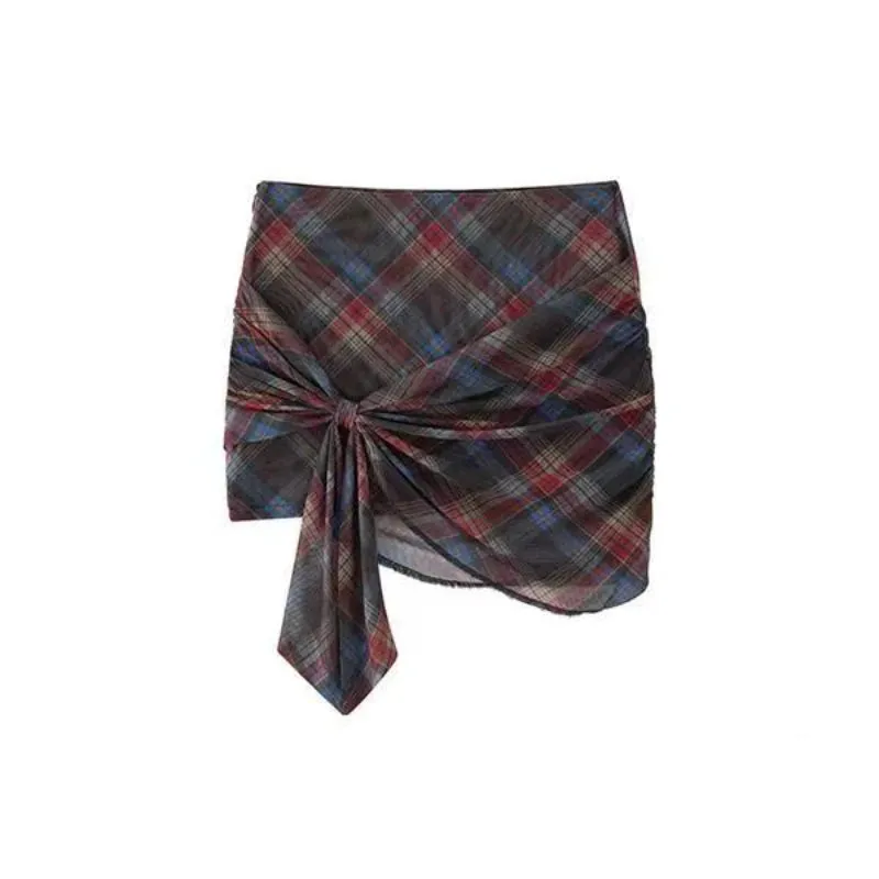 Girlary Summer Vintage Plaid 2 Piece Sets Women Sexy Skew Collar Tops   A-line Mini Skirts Fashion Retro Patchwork Mesh High Street Suit