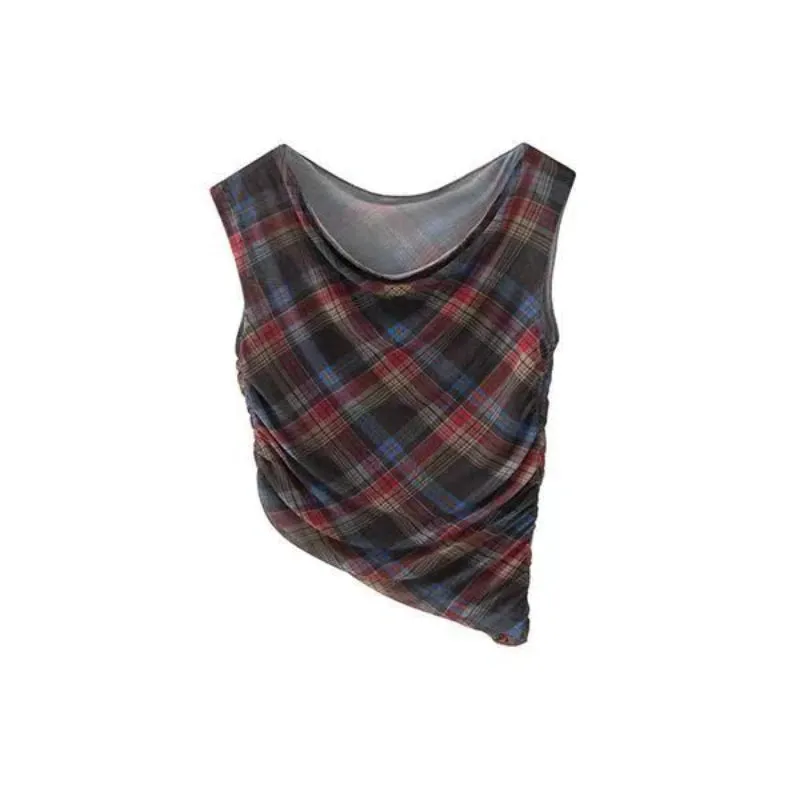 Girlary Summer Vintage Plaid 2 Piece Sets Women Sexy Skew Collar Tops   A-line Mini Skirts Fashion Retro Patchwork Mesh High Street Suit
