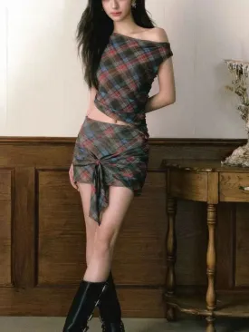Girlary Summer Vintage Plaid 2 Piece Sets Women Sexy Skew Collar Tops   A-line Mini Skirts Fashion Retro Patchwork Mesh High Street Suit