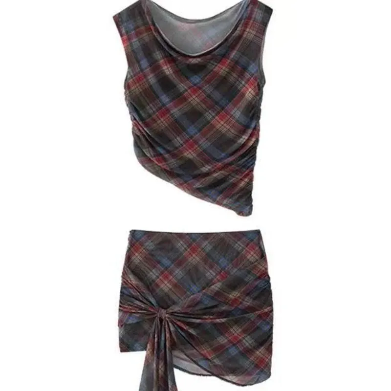 Girlary Summer Vintage Plaid 2 Piece Sets Women Sexy Skew Collar Tops   A-line Mini Skirts Fashion Retro Patchwork Mesh High Street Suit