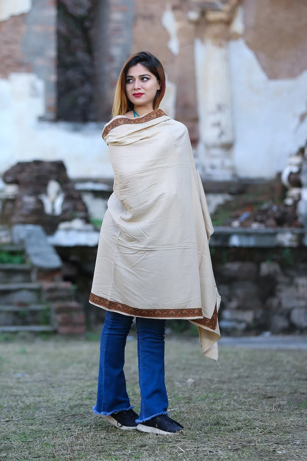 Graceful Beige Colour Semi Pashmina Sozni Shawl With Beautiful Border Owning A Unique Accessory.