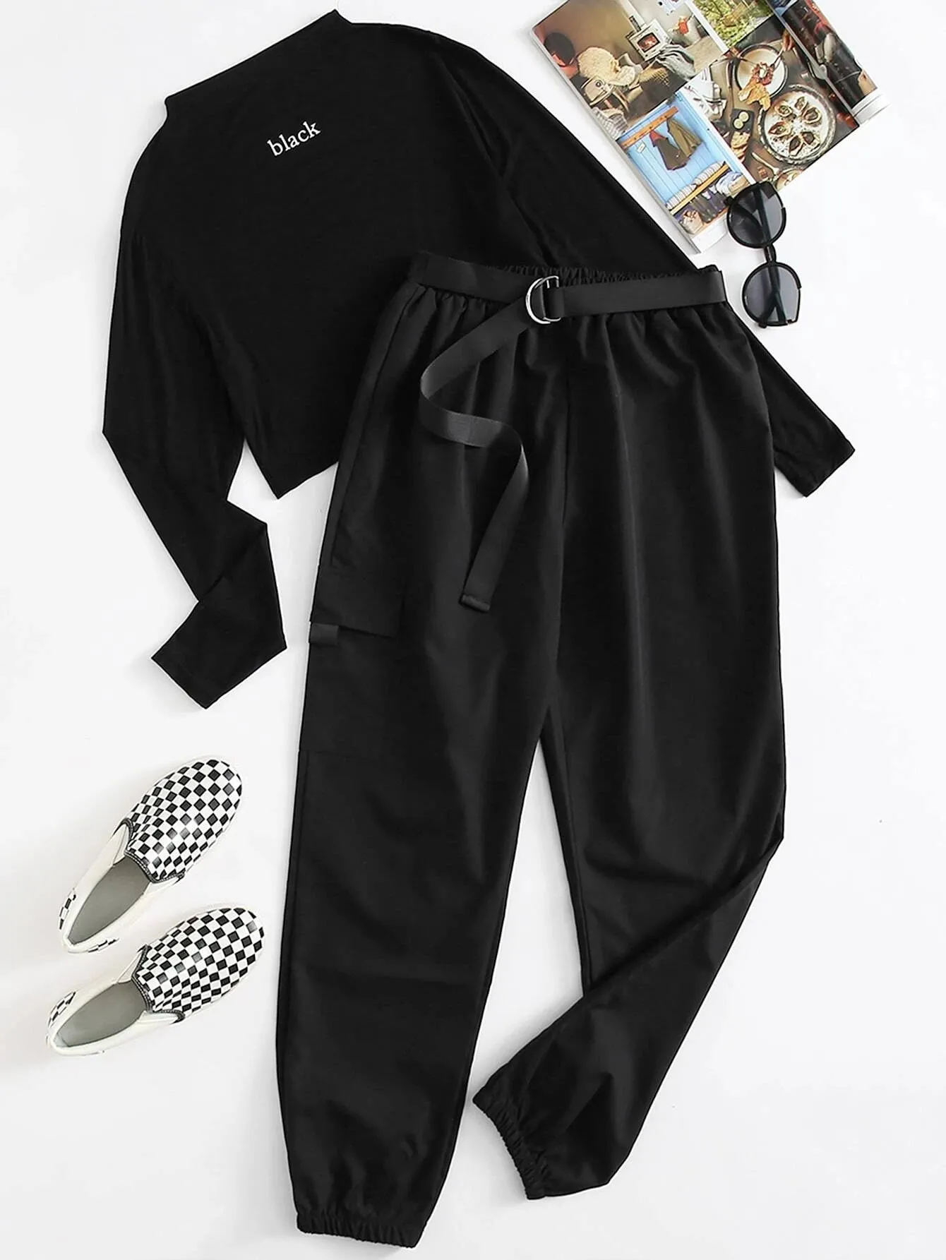 Graphic Print Tee And Belted Cargo Pants