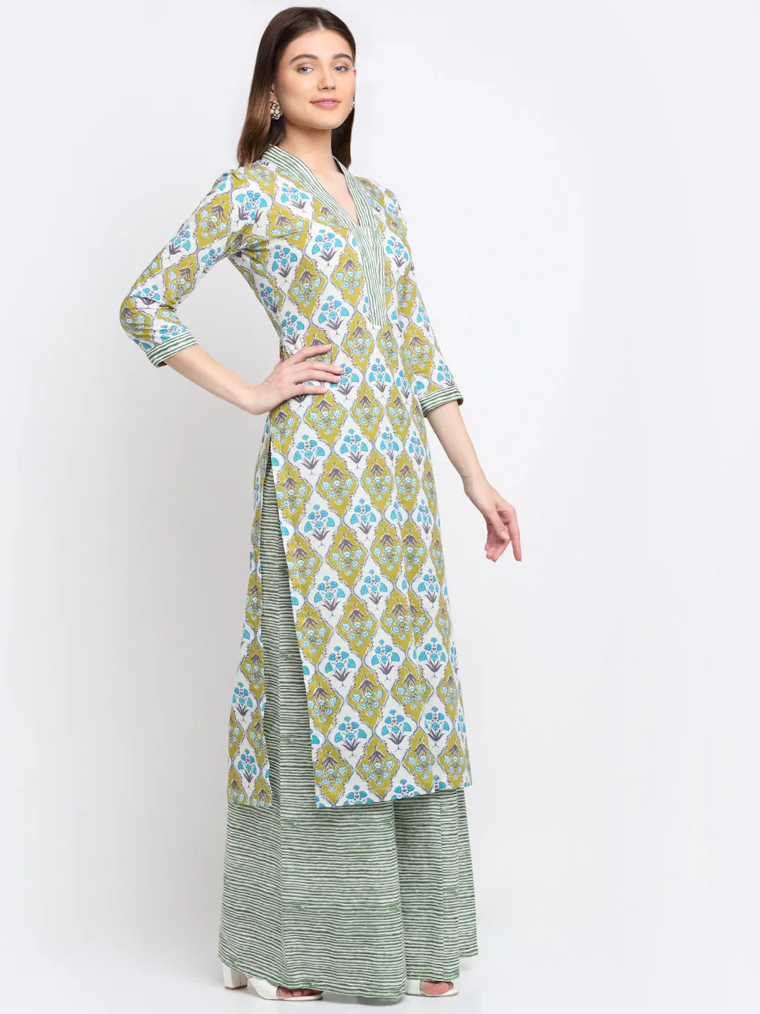 Green Blue Mughal Hues Kurti with Striped Palazzo