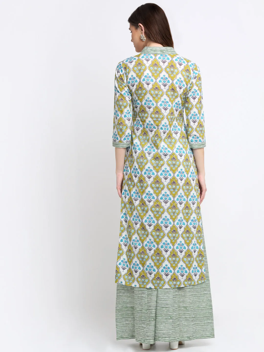 Green Blue Mughal Hues Kurti with Striped Palazzo