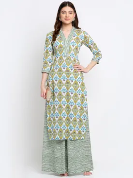Green Blue Mughal Hues Kurti with Striped Palazzo
