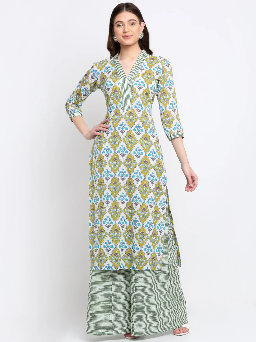 Green Blue Mughal Hues Kurti with Striped Palazzo