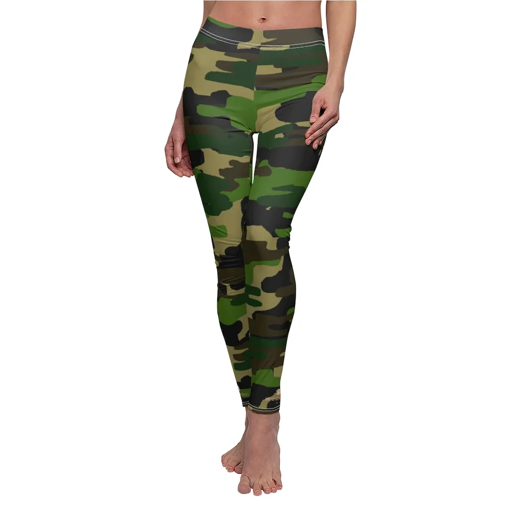 Green Brown Camo Ladies' Tights, Military Print Women's Dressy Long Casual Leggings- Made in USA