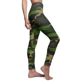 Green Brown Camo Ladies' Tights, Military Print Women's Dressy Long Casual Leggings- Made in USA