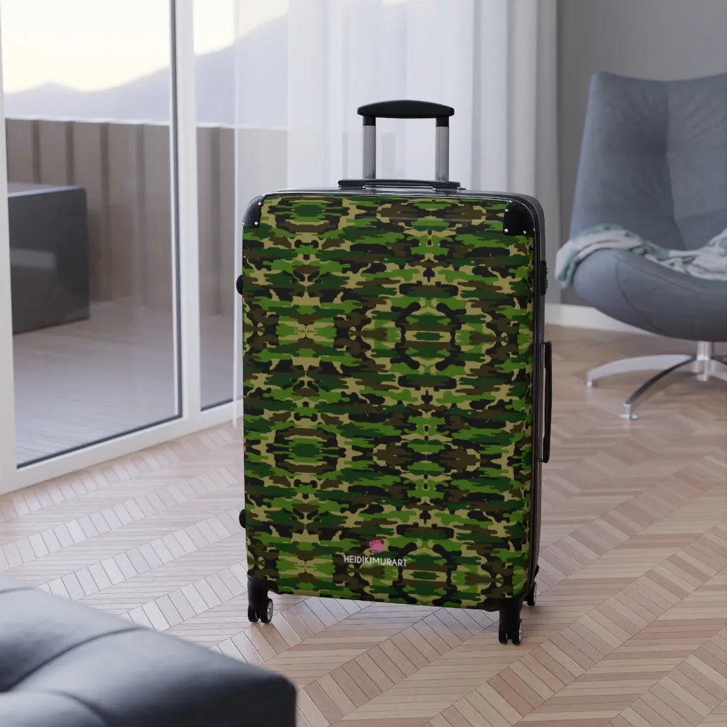 Green Camo Print Suitcases, Army Military Camouflaged Print Designer Suitcase Luggage (Small, Medium, Large)