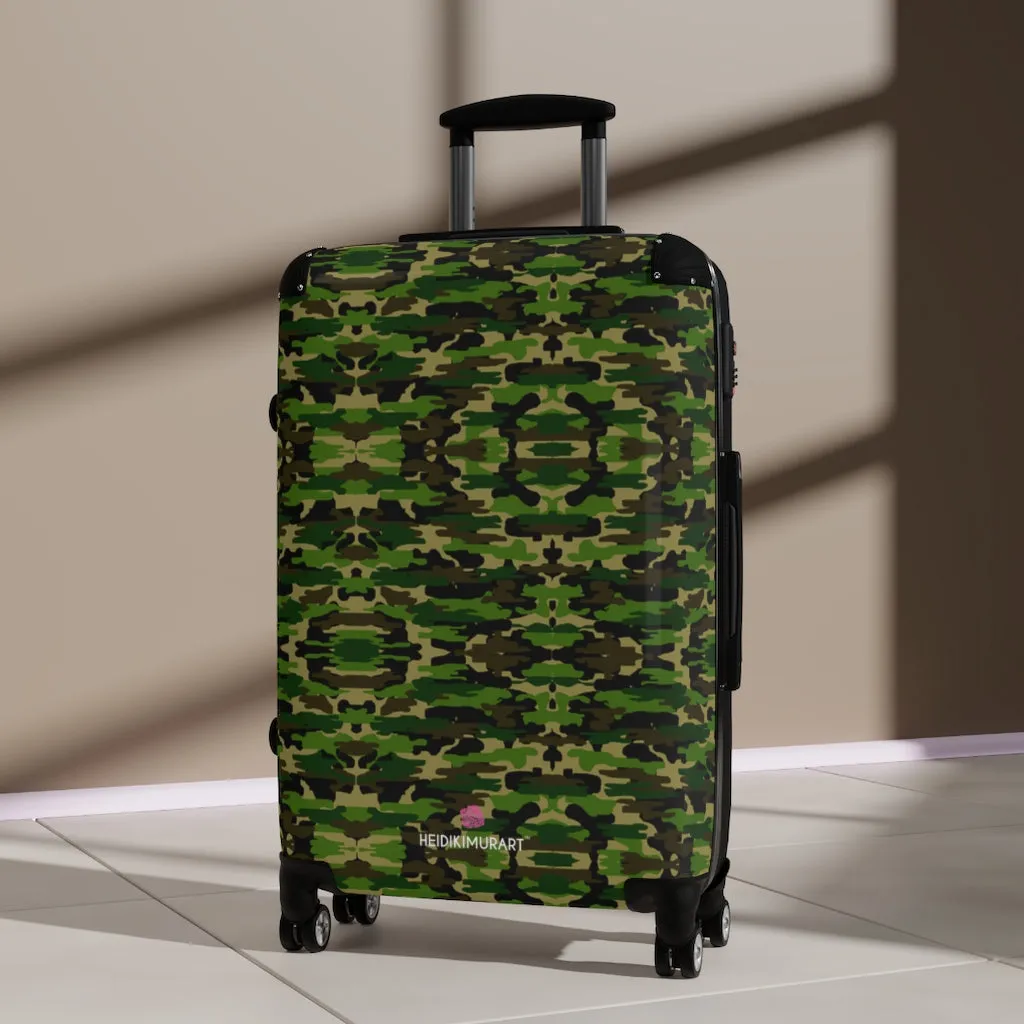 Green Camo Print Suitcases, Army Military Camouflaged Print Designer Suitcase Luggage (Small, Medium, Large)