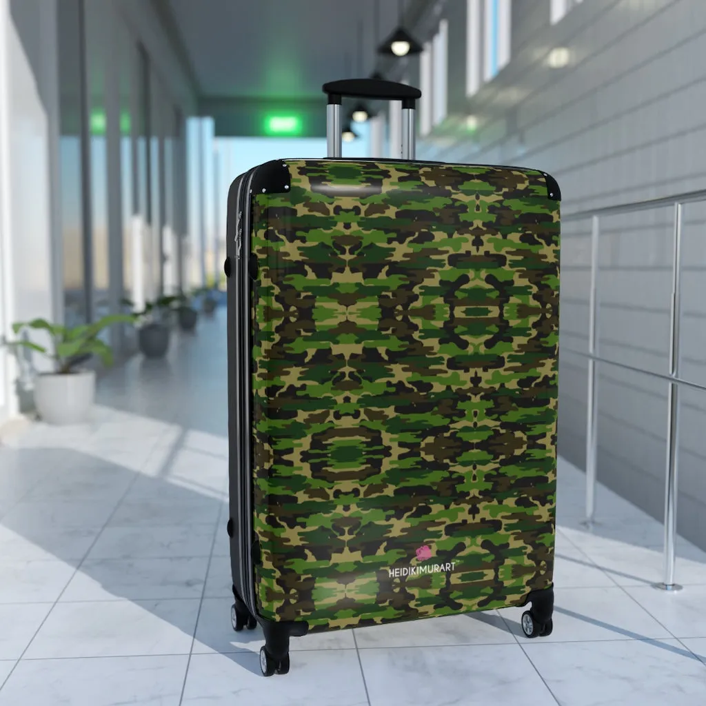 Green Camo Print Suitcases, Army Military Camouflaged Print Designer Suitcase Luggage (Small, Medium, Large)