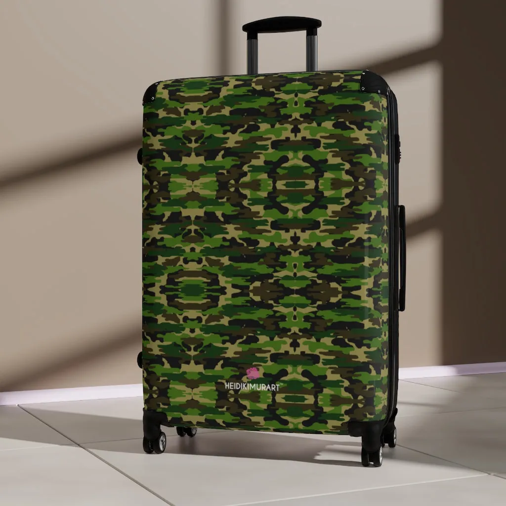 Green Camo Print Suitcases, Army Military Camouflaged Print Designer Suitcase Luggage (Small, Medium, Large)