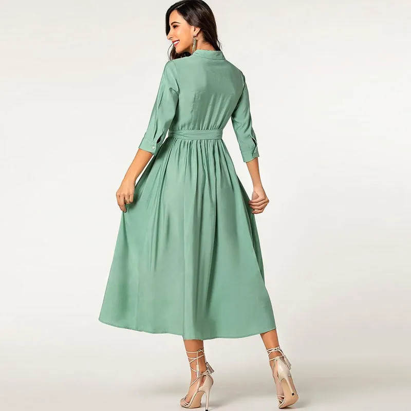 Green elegant elbow sleeve lace belted long button shirt dress