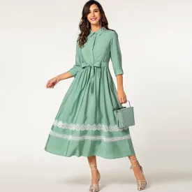 Green elegant elbow sleeve lace belted long button shirt dress