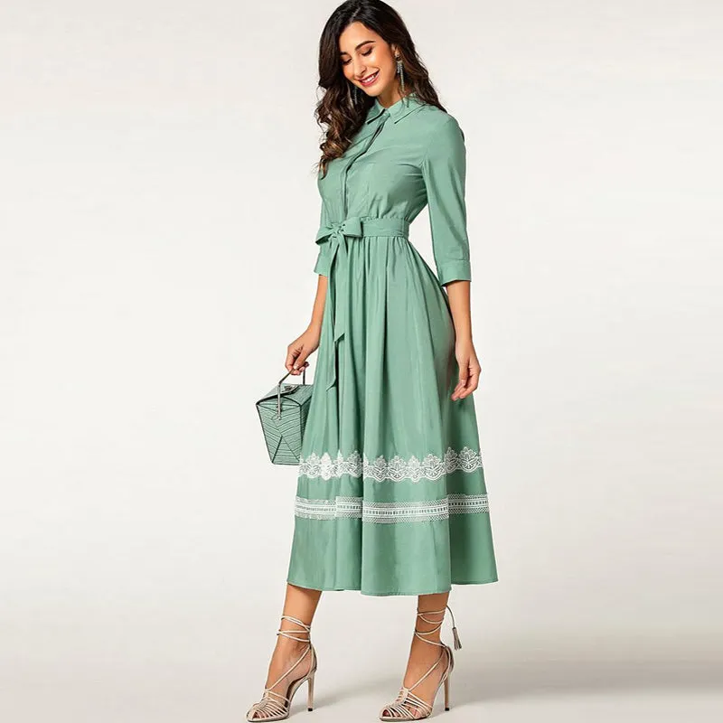 Green elegant elbow sleeve lace belted long button shirt dress