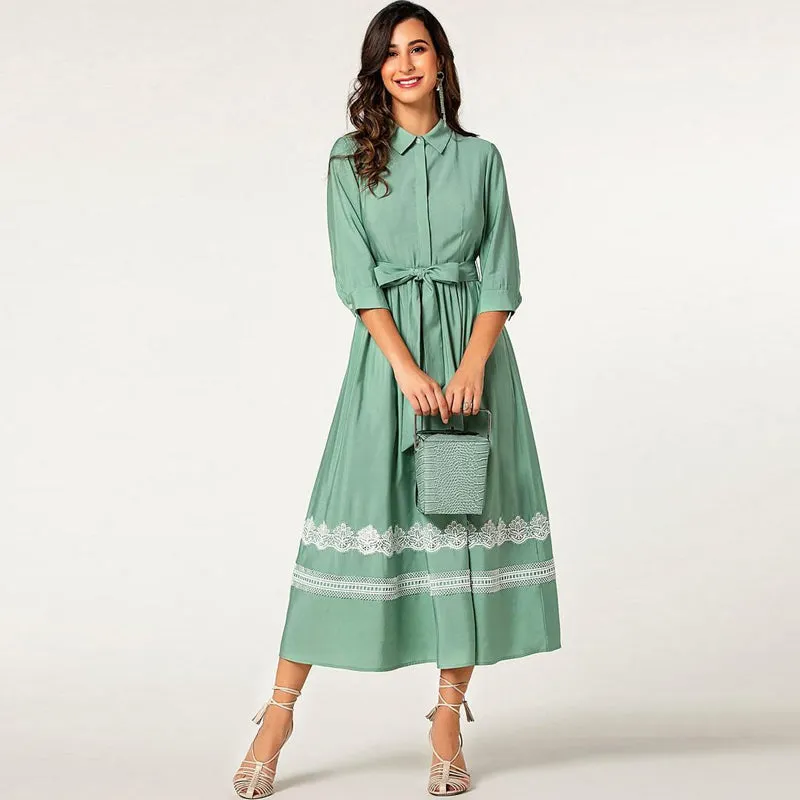 Green elegant elbow sleeve lace belted long button shirt dress