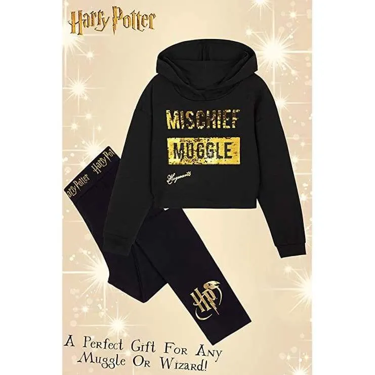 Harry Potter Black Cropped Hoodie & Leggings Cotton Set for Girls & Teenager