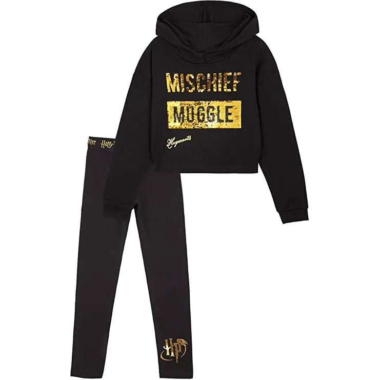 Harry Potter Black Cropped Hoodie & Leggings Cotton Set for Girls & Teenager