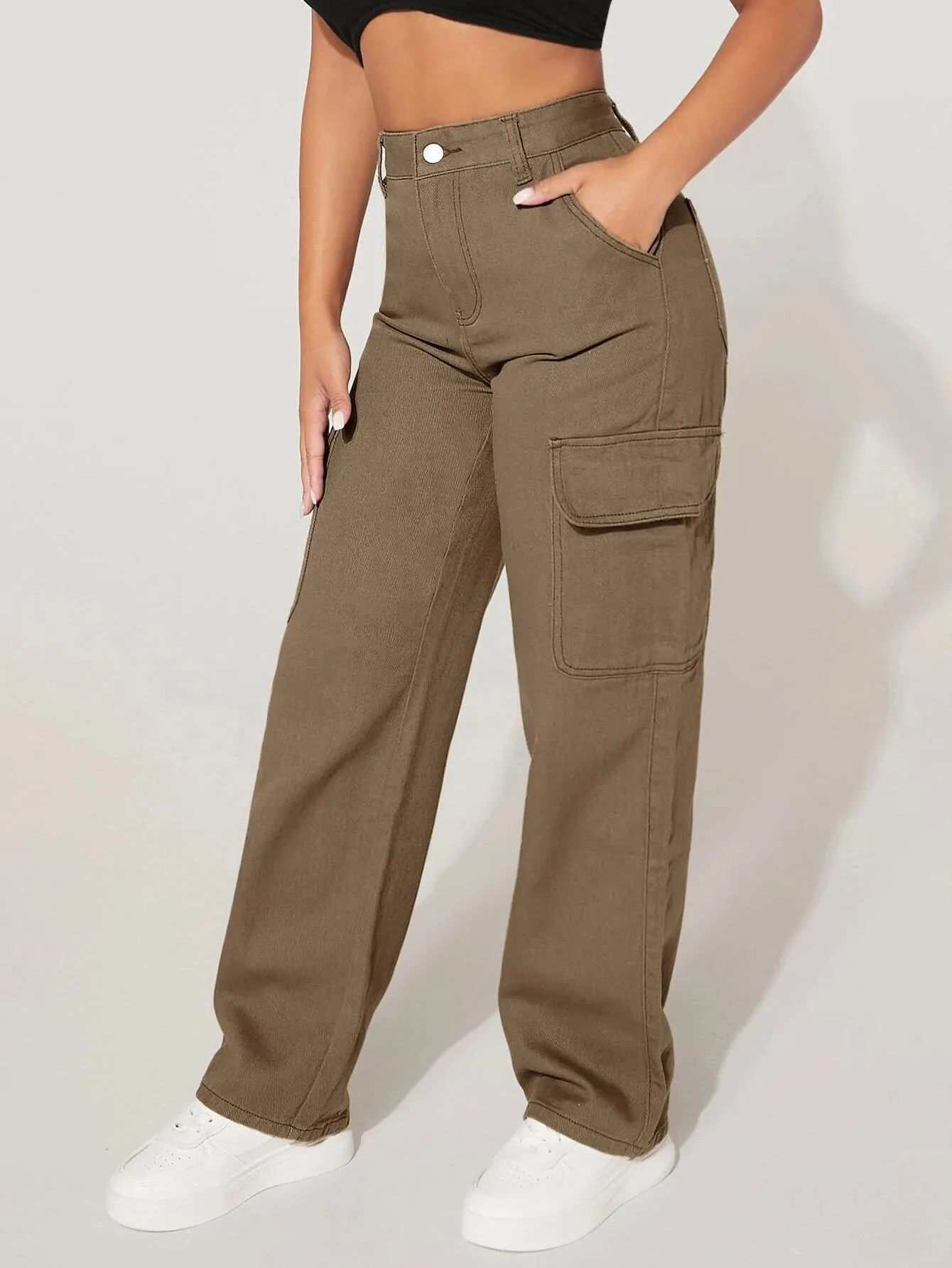 High Waist Functional Flap Pocket Cargo Jeans