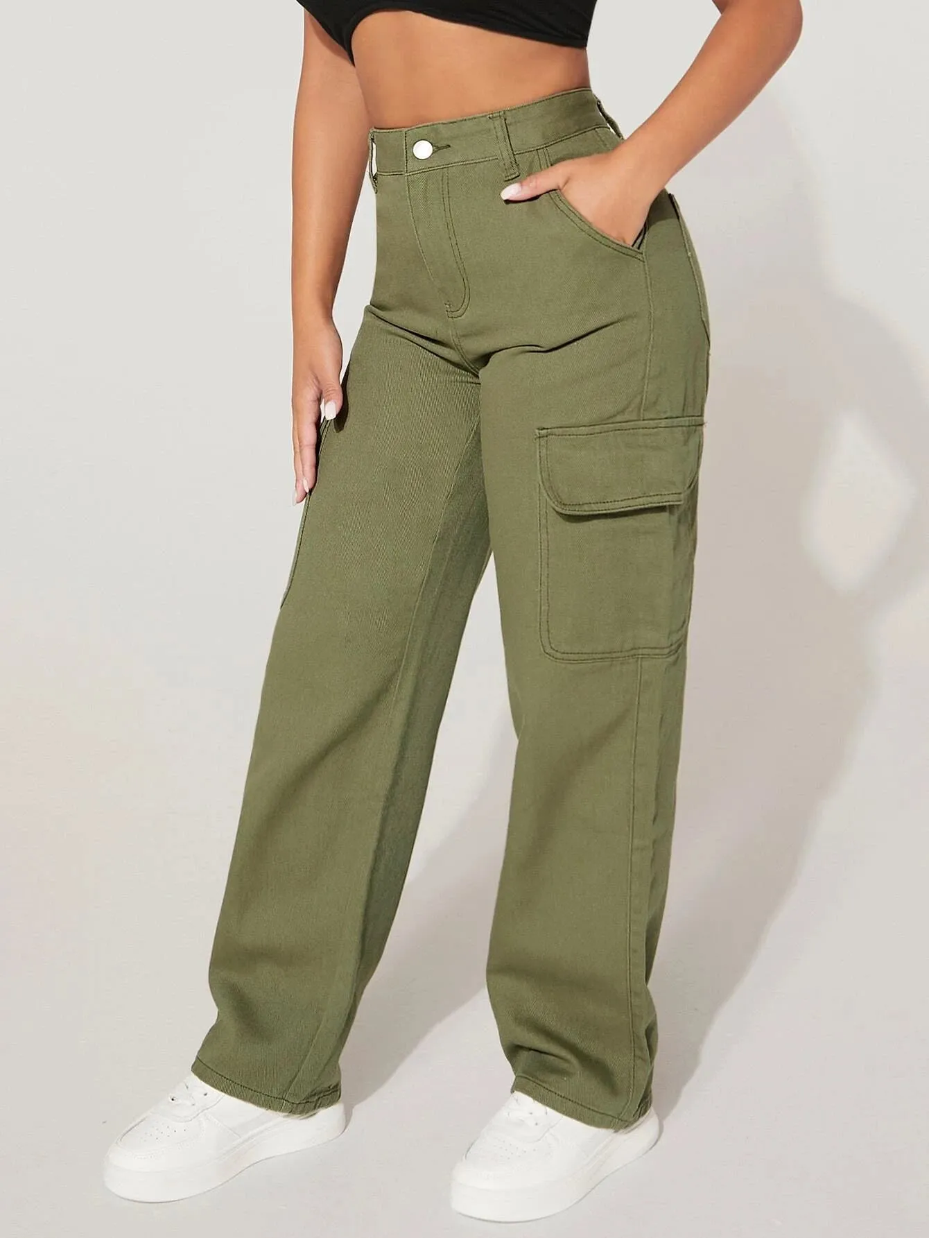 High Waist Functional Flap Pocket Cargo Jeans