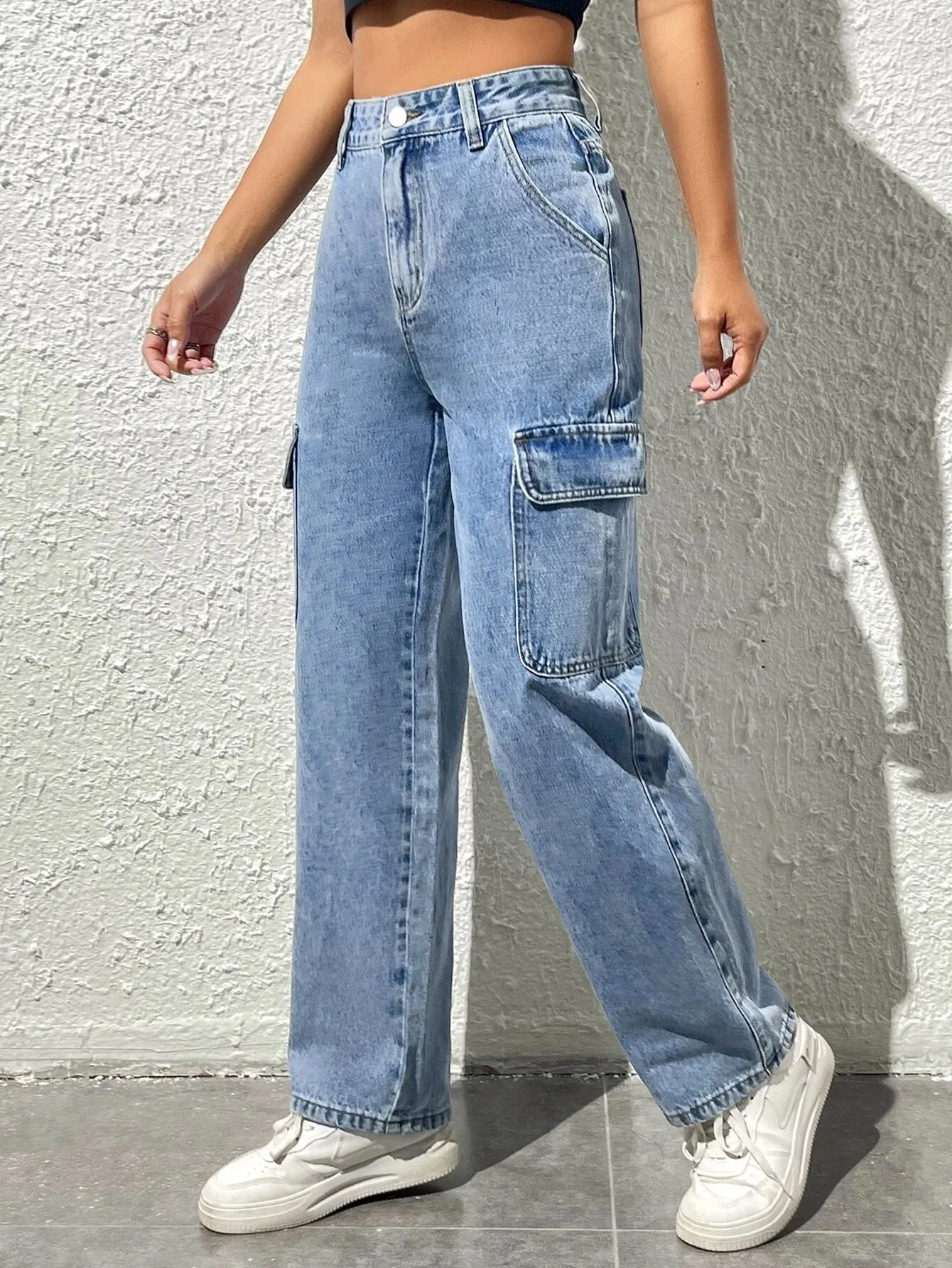 High Waist Functional Flap Pocket Cargo Jeans