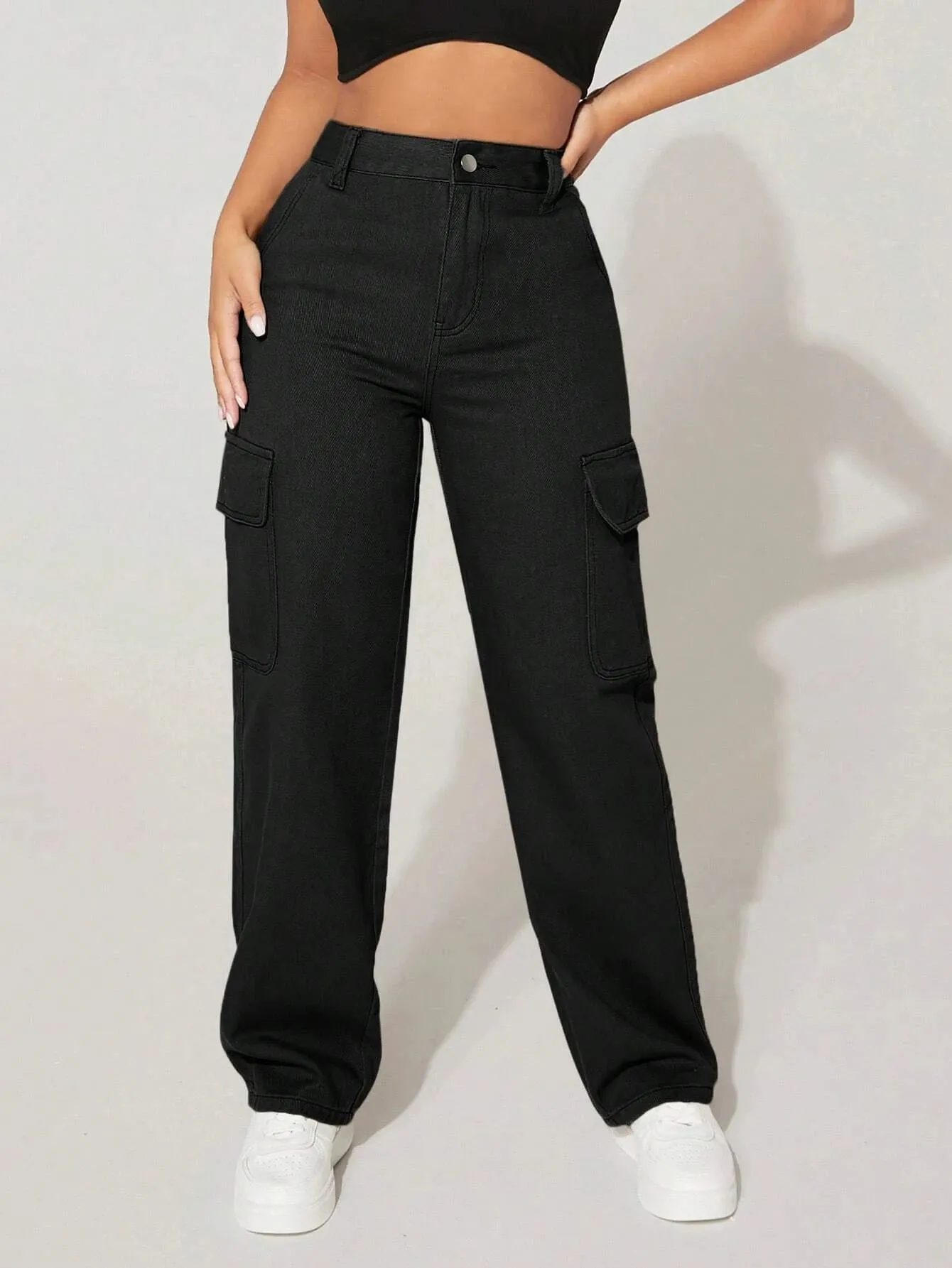 High Waist Functional Flap Pocket Cargo Jeans