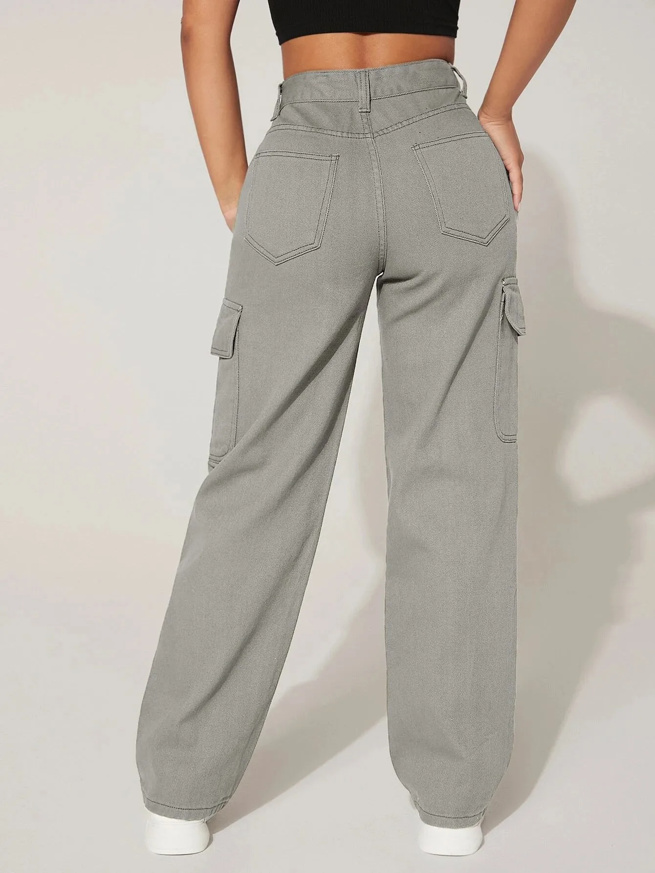 High Waist Functional Flap Pocket Cargo Jeans