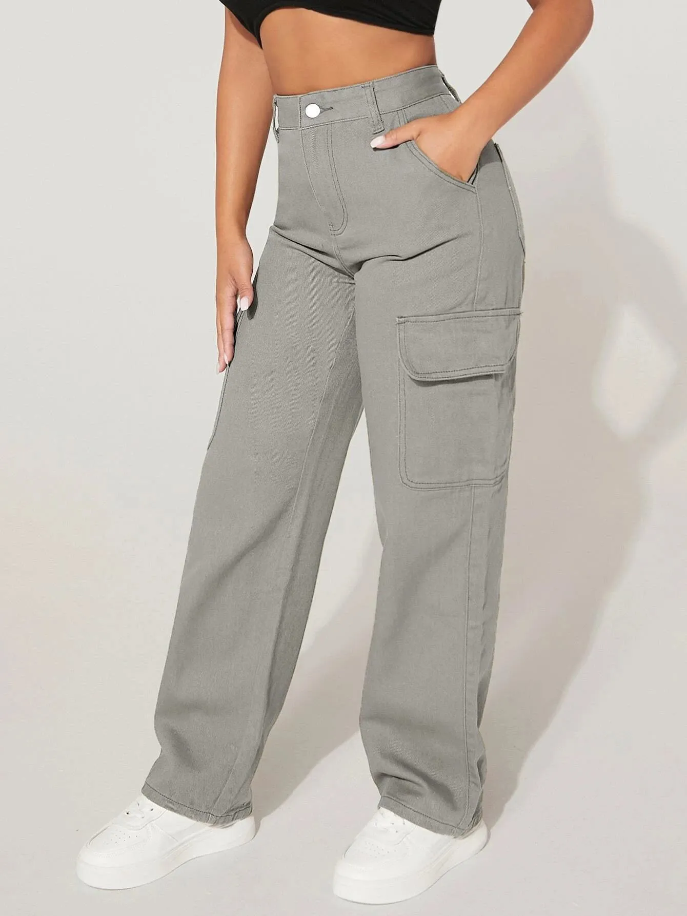 High Waist Functional Flap Pocket Cargo Jeans