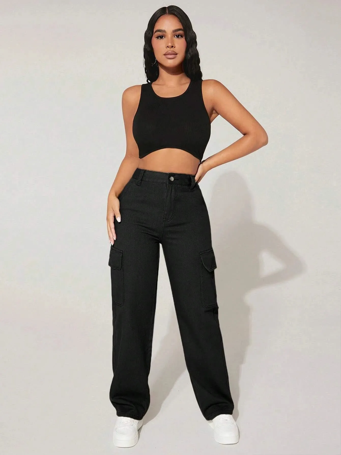 High Waist Functional Flap Pocket Cargo Jeans