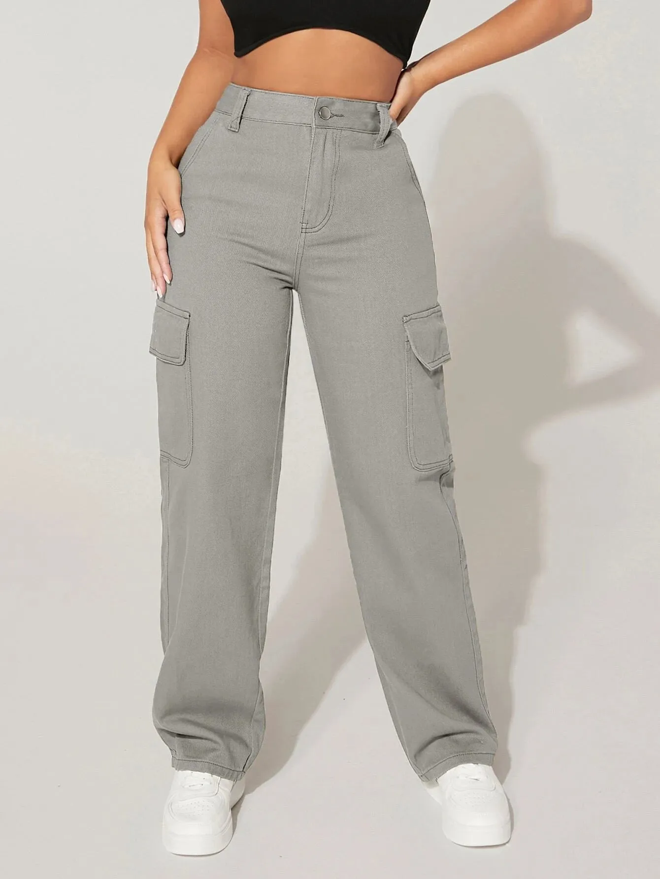 High Waist Functional Flap Pocket Cargo Jeans