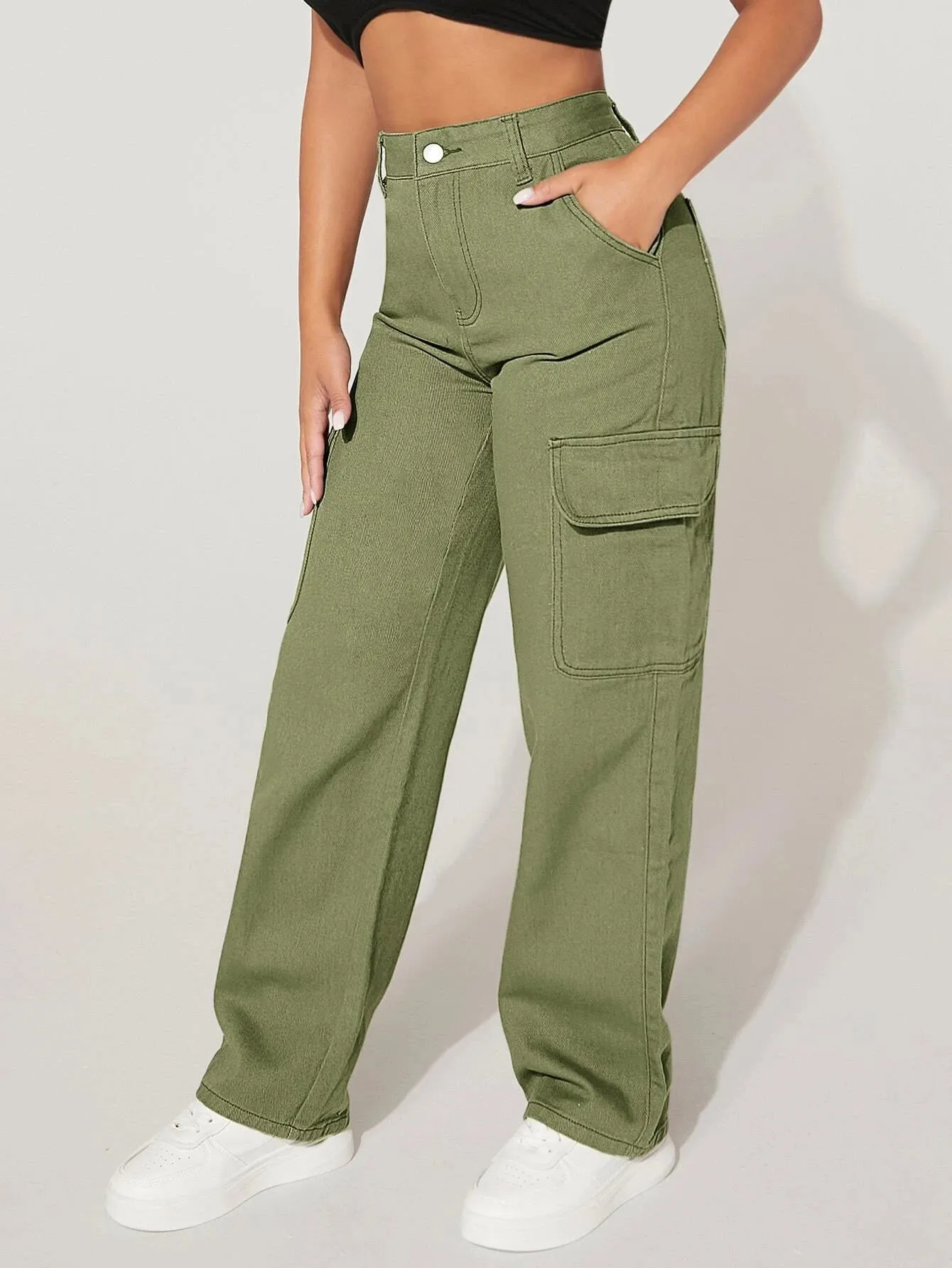 High Waist Functional Flap Pocket Cargo Jeans