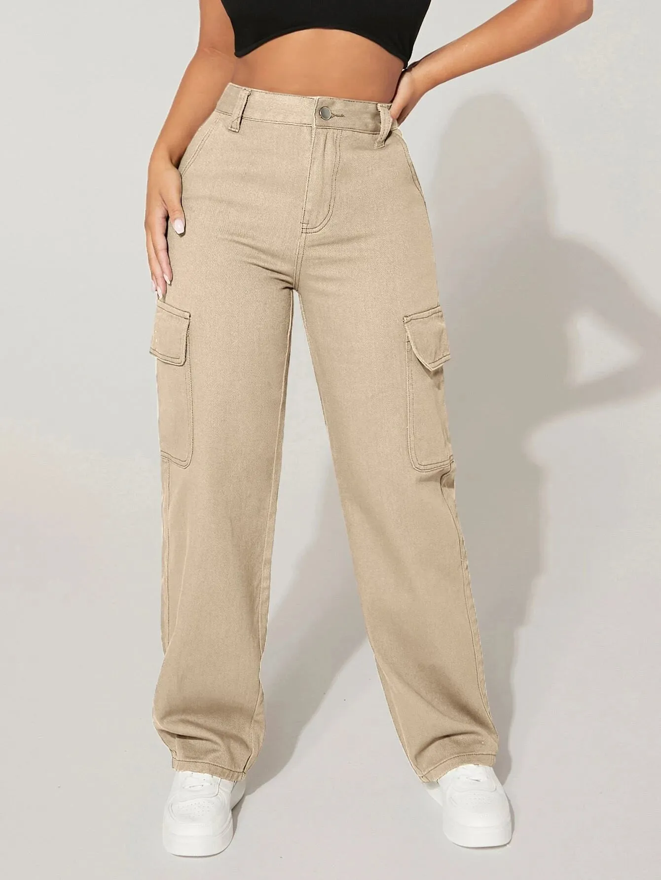 High Waist Functional Flap Pocket Cargo Jeans