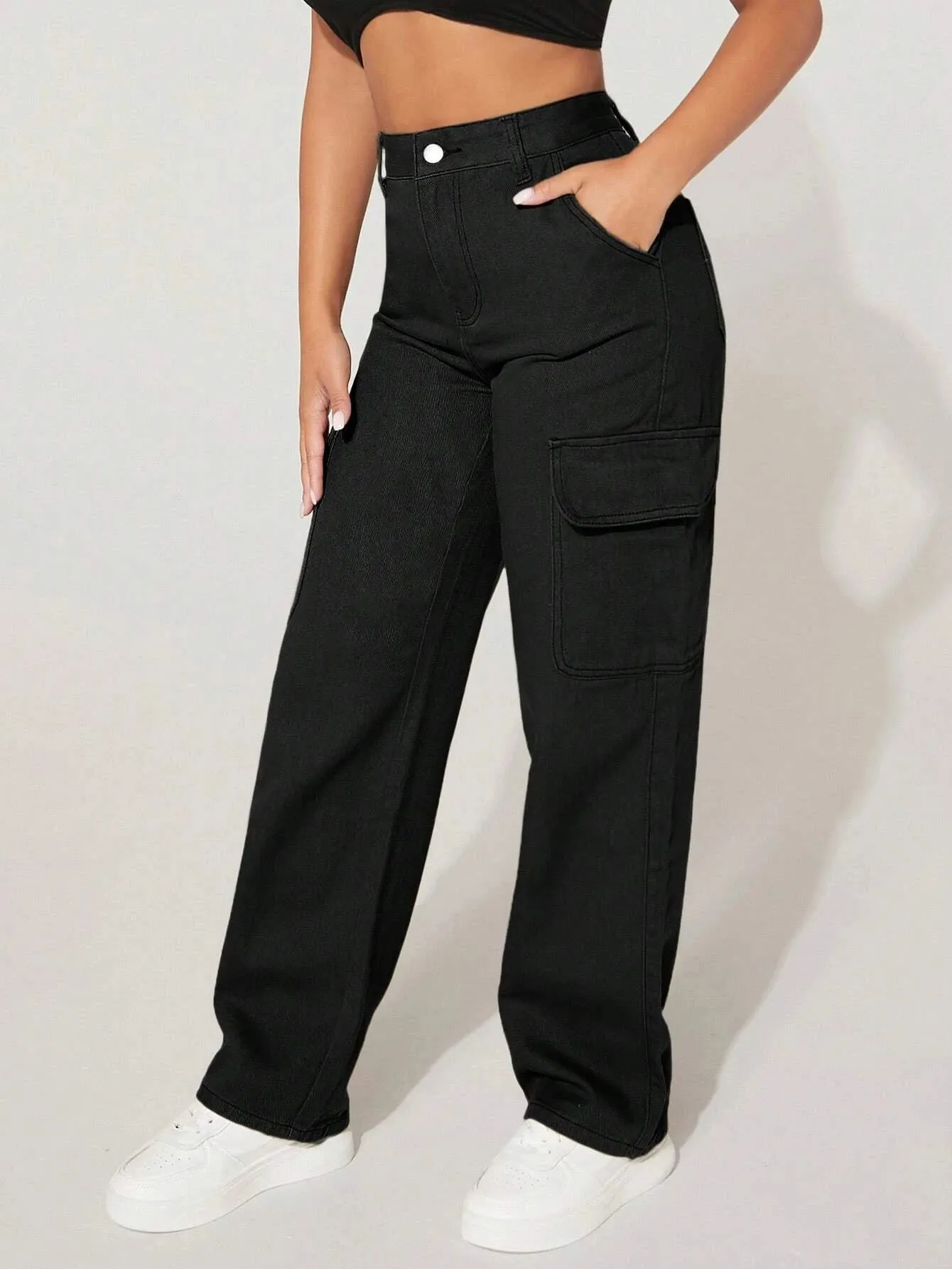 High Waist Functional Flap Pocket Cargo Jeans