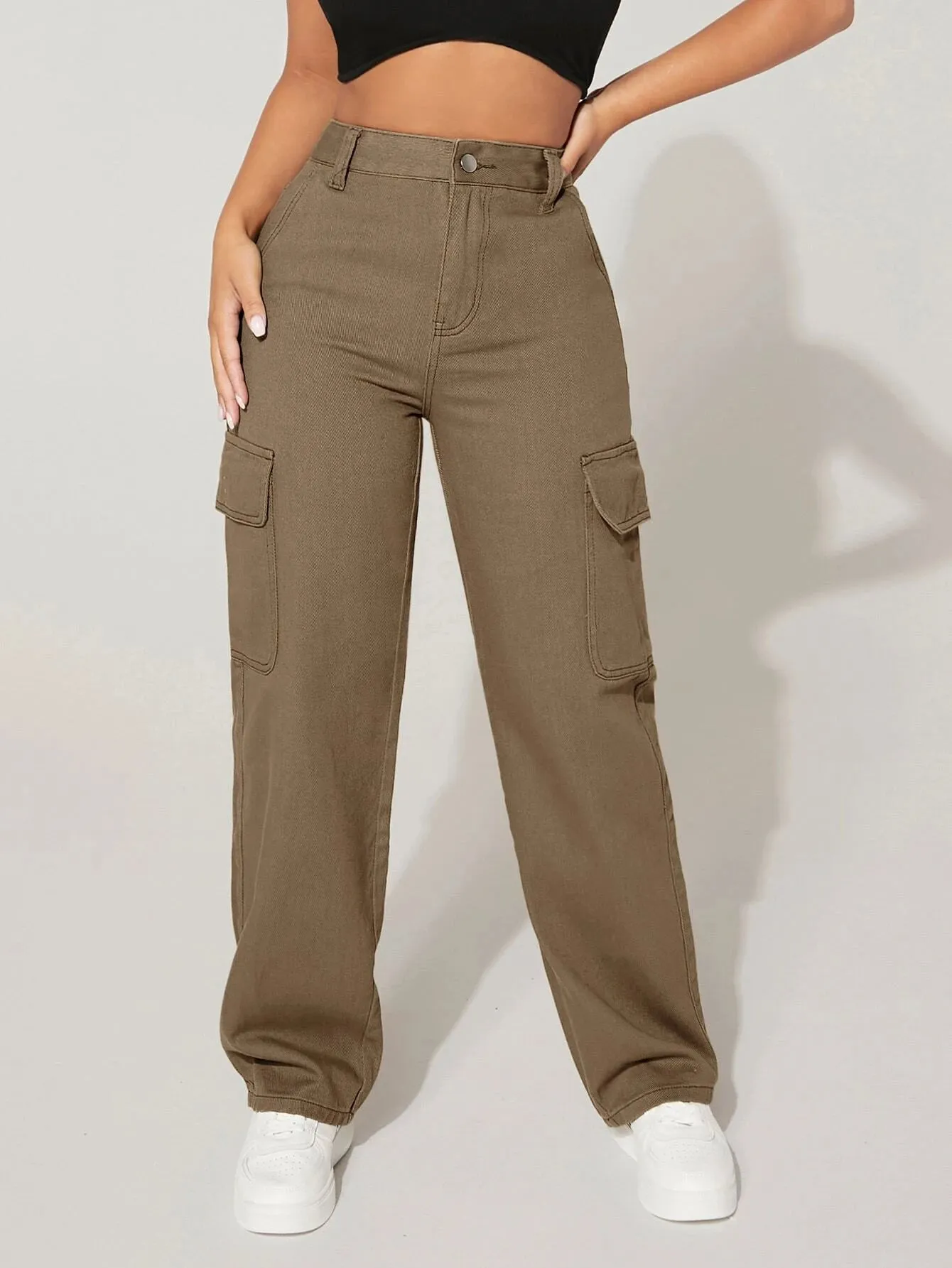 High Waist Functional Flap Pocket Cargo Jeans