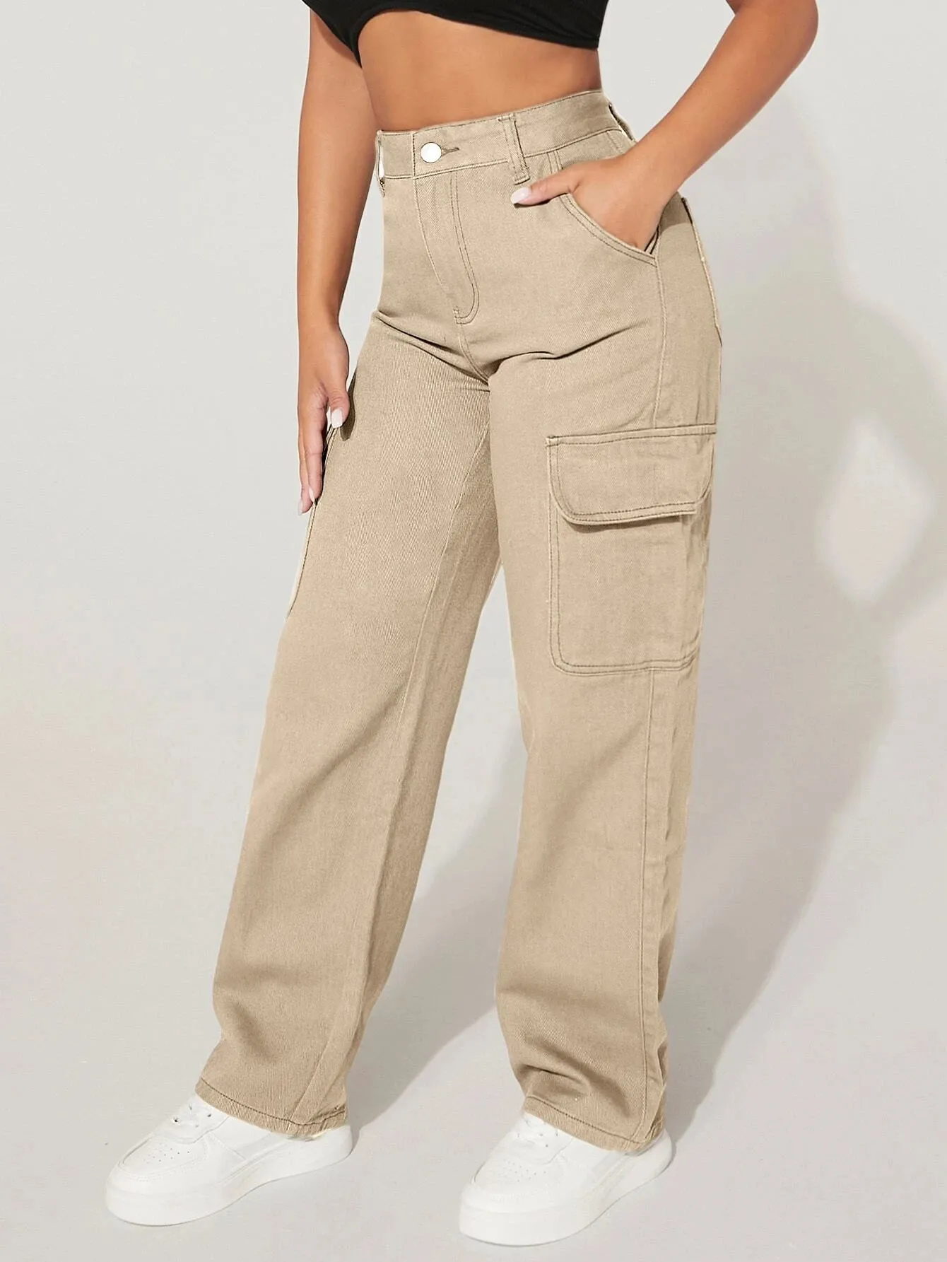 High Waist Functional Flap Pocket Cargo Jeans