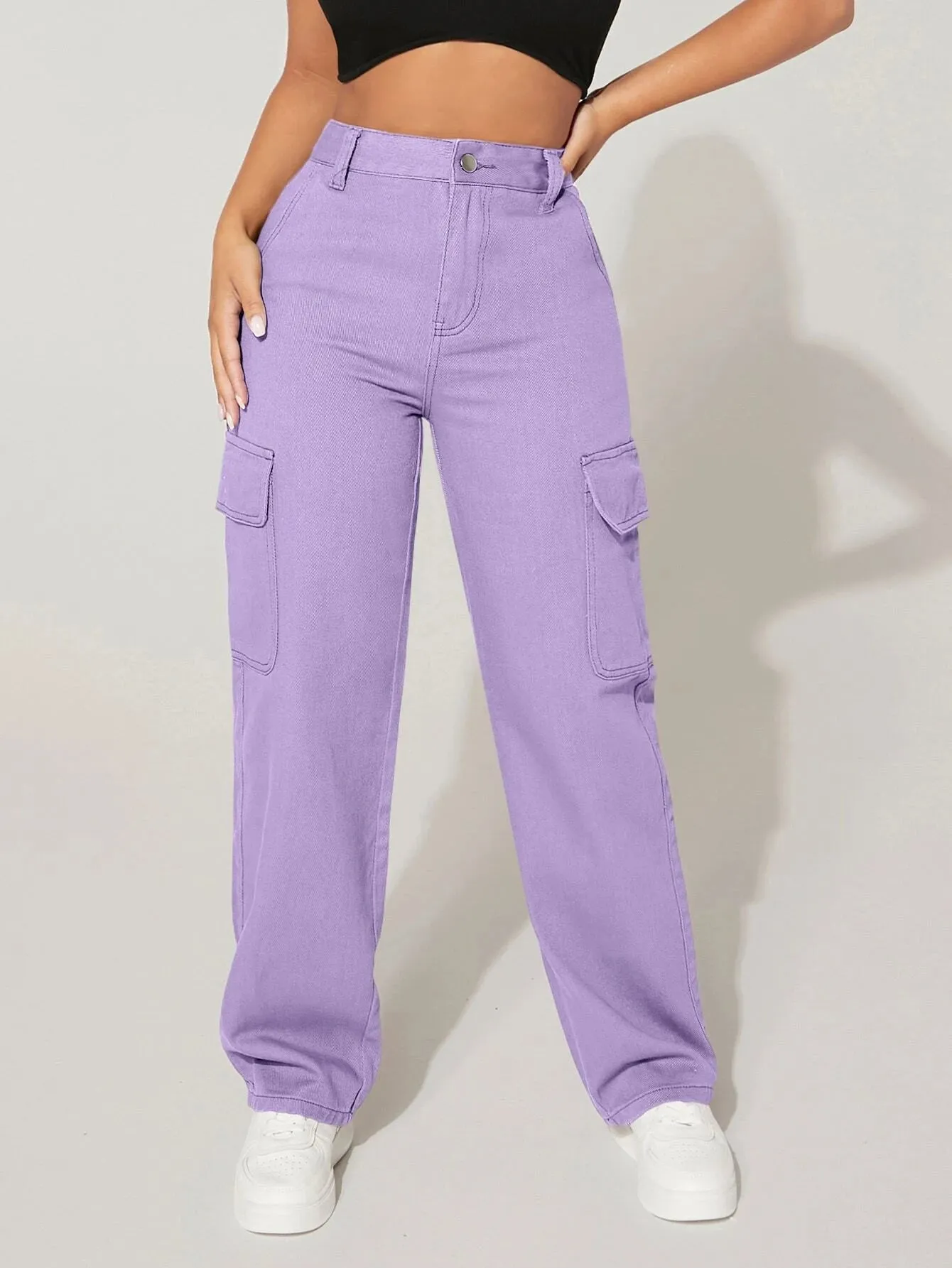 High Waist Functional Flap Pocket Cargo Jeans