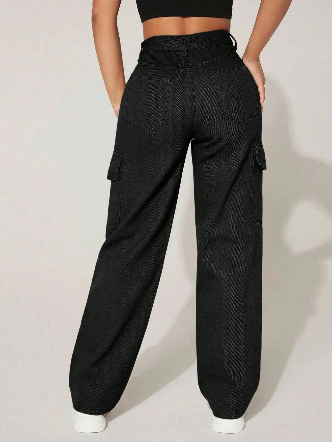 High Waist Functional Flap Pocket Cargo Jeans