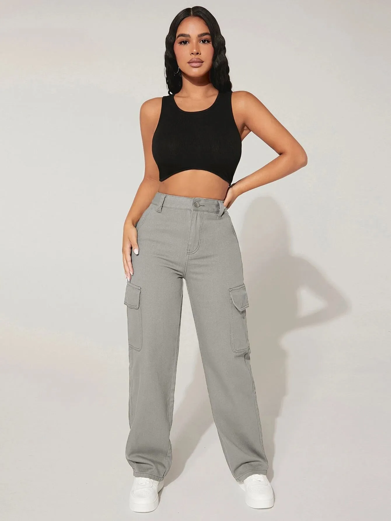 High Waist Functional Flap Pocket Cargo Jeans