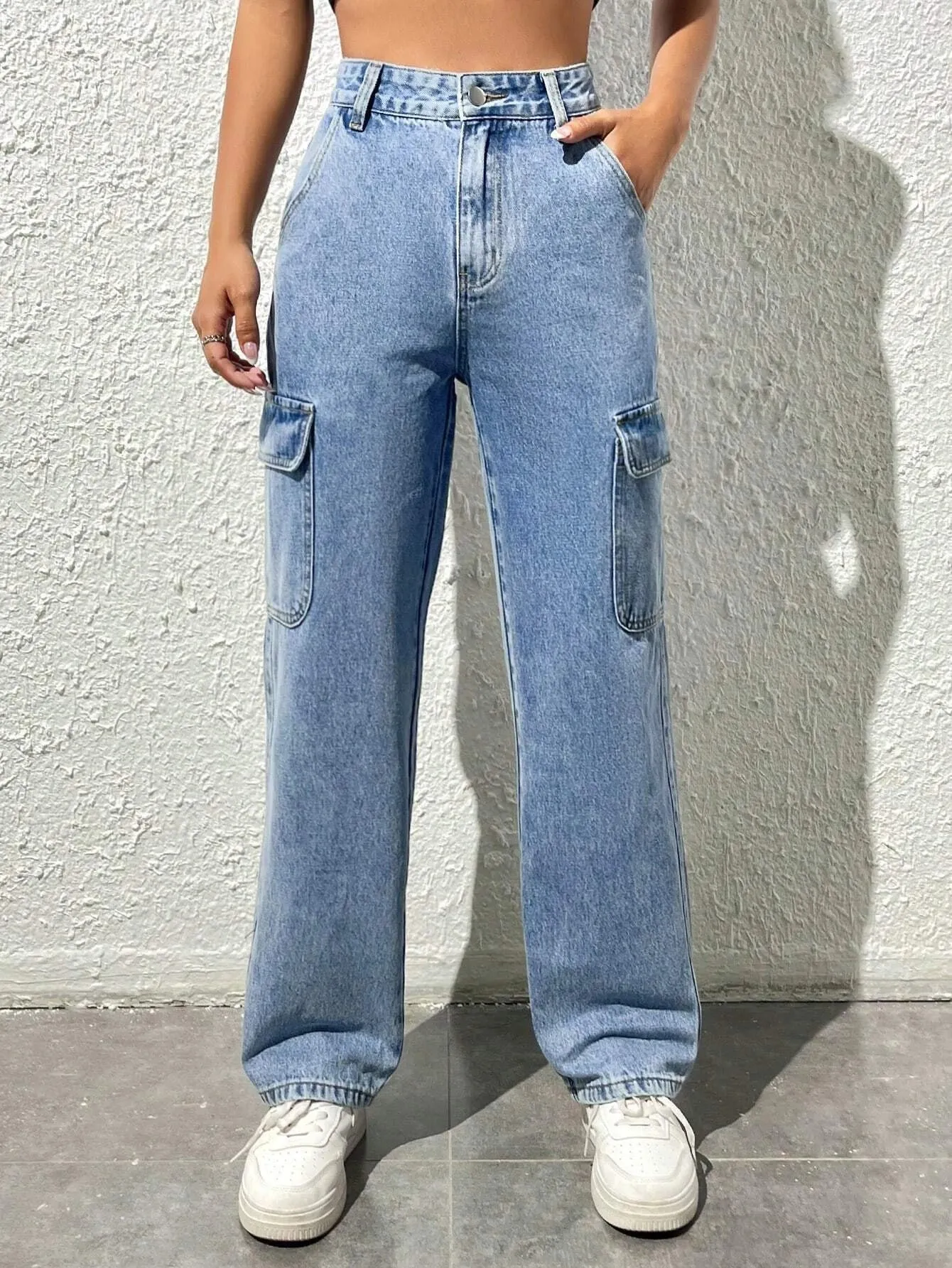 High Waist Functional Flap Pocket Cargo Jeans
