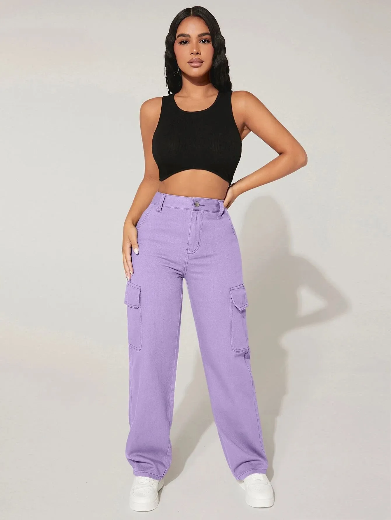 High Waist Functional Flap Pocket Cargo Jeans