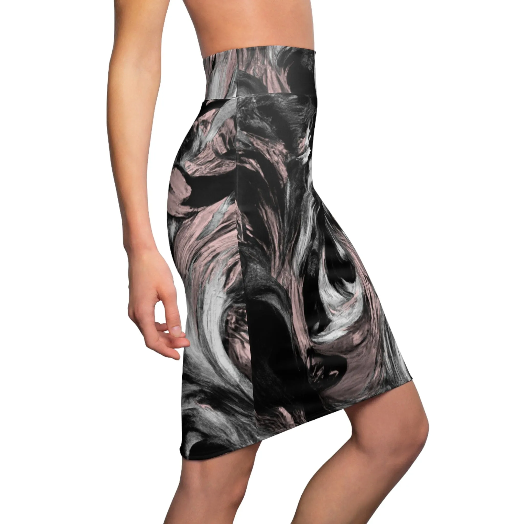 High Waist Womens Pencil Skirt - Contour Stretch - Black Pink White Abstract Pattern