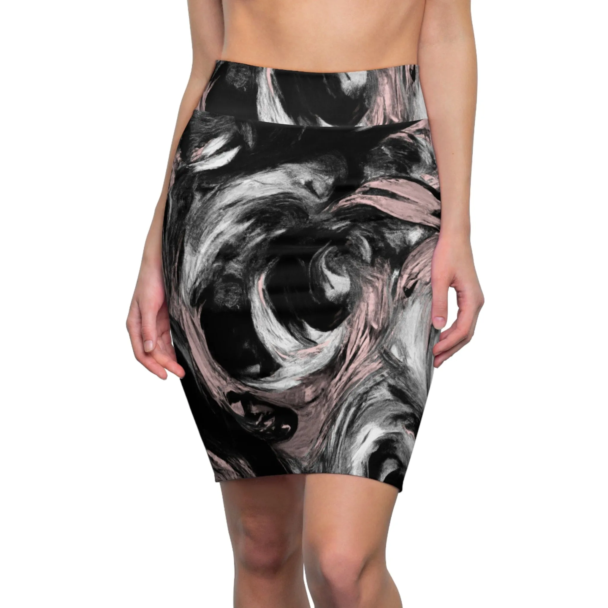 High Waist Womens Pencil Skirt - Contour Stretch - Black Pink White Abstract Pattern