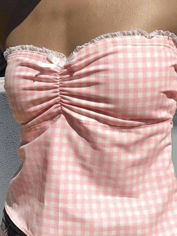 Joskaa Lace Stitching Plaid Bandeau Top