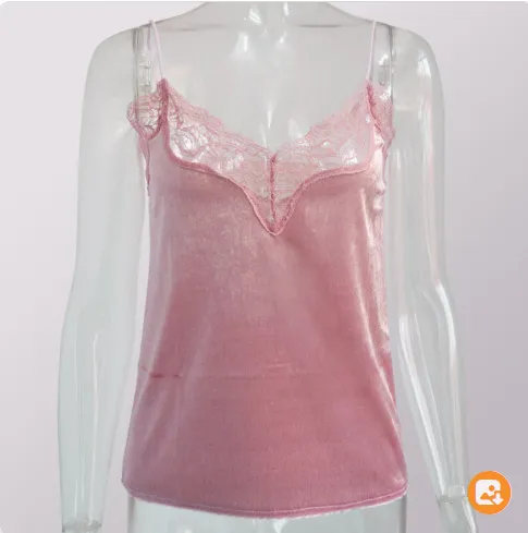 Lace lotus leaf lace stitching velvet halter top vest top