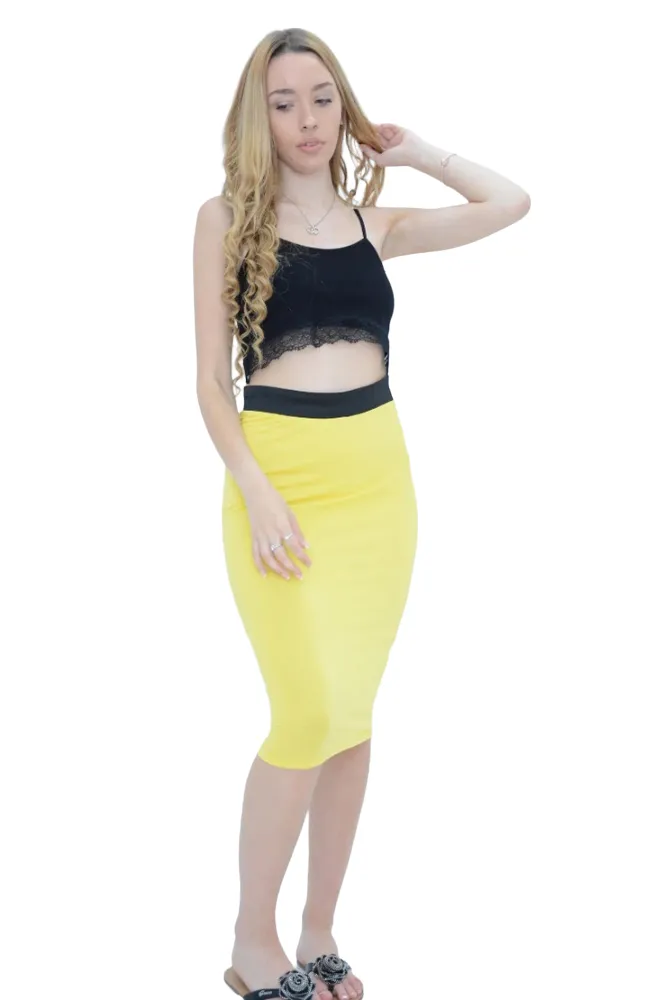 Ladies Plain Fitted Jersey High Waisted Bodycon Pencil Skirt