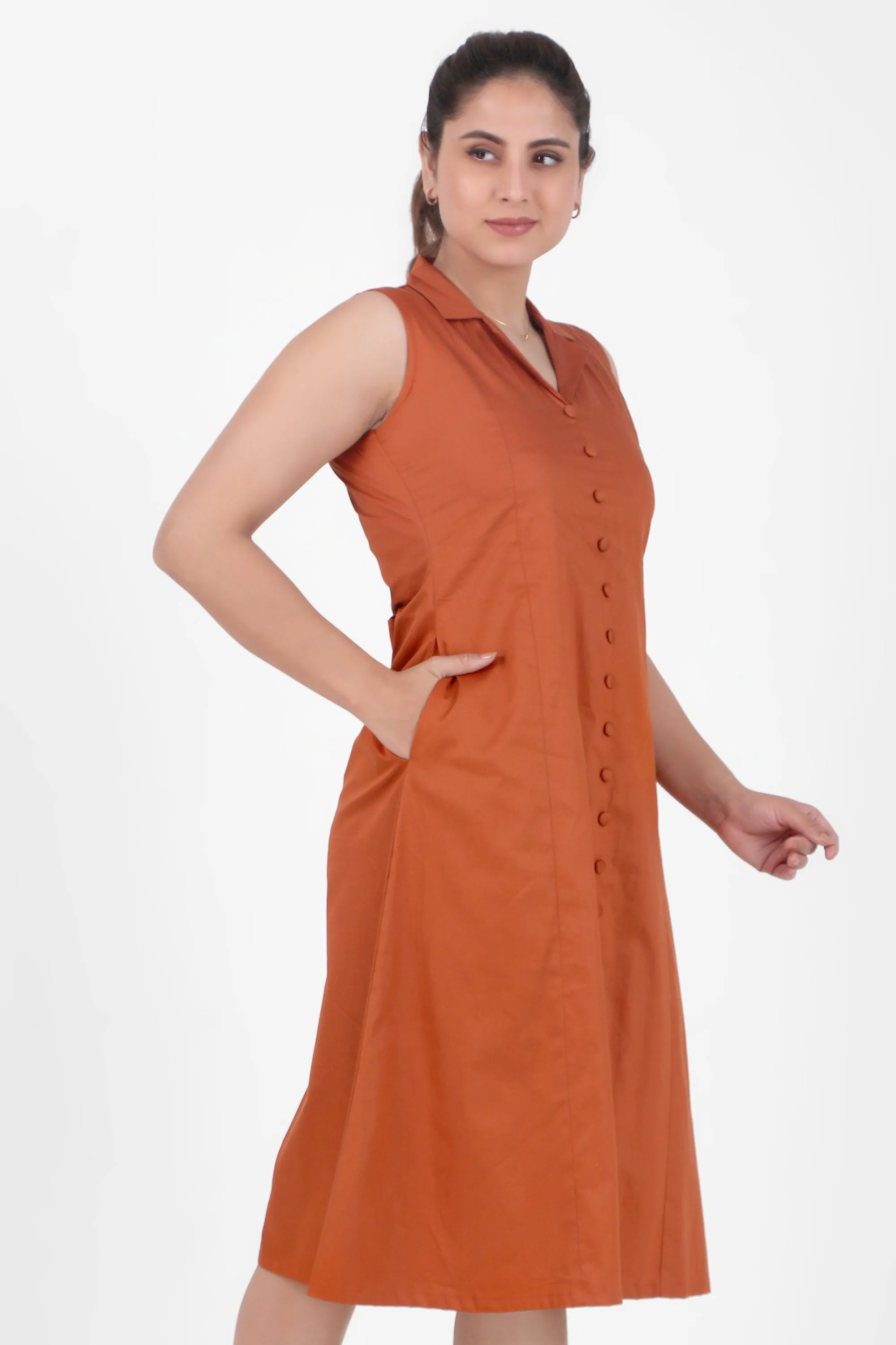 Lapel Grace Calf-Length Dress, Rust
