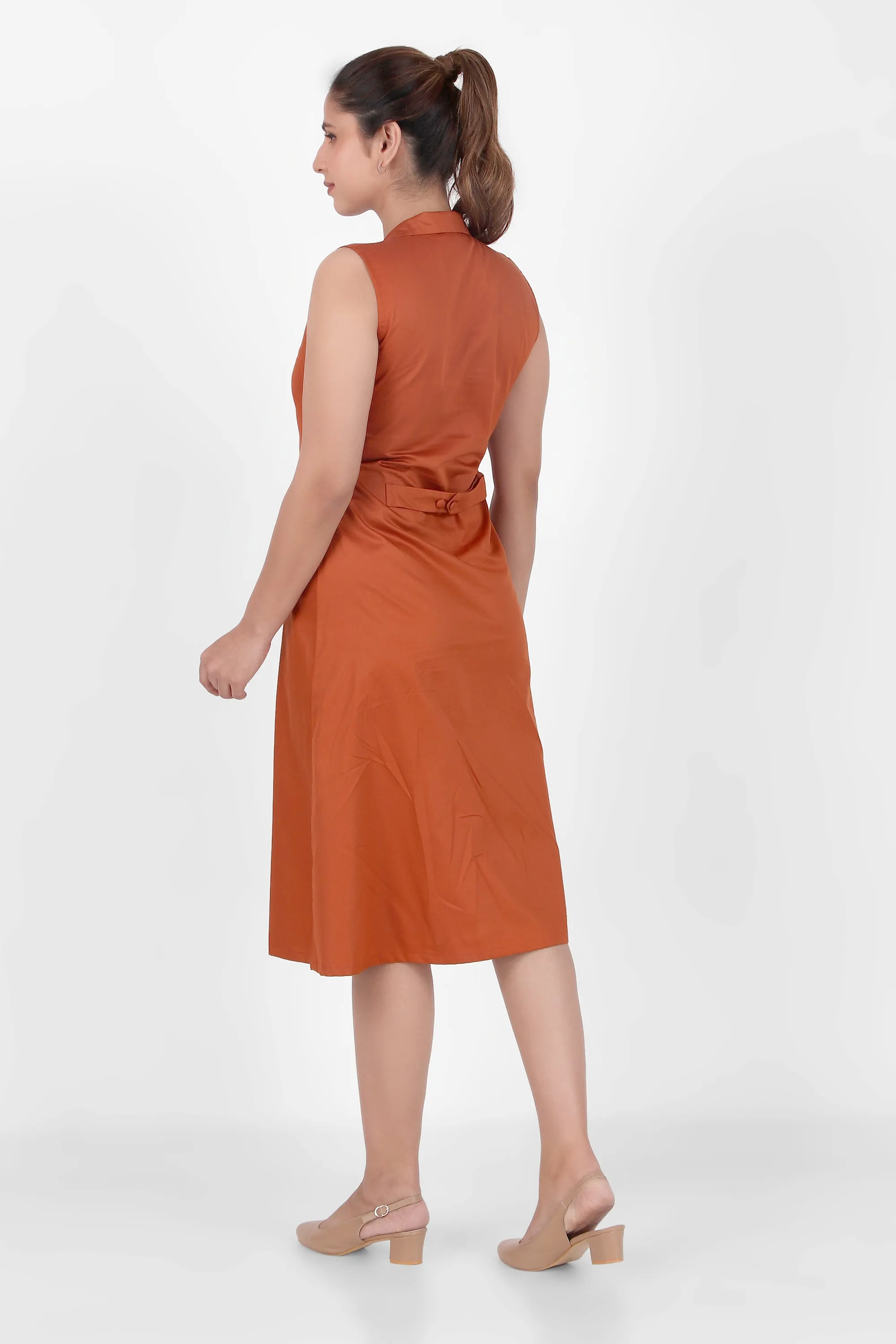 Lapel Grace Calf-Length Dress, Rust